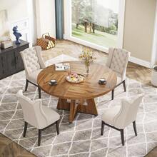 LITTLE TREE Farmhouse Dining Table, 120 Cm Round Dinner Table For 4, Rustic Wood Dining Room Table For Home Dining Room Living Room (Easy Assembly) - Beige - View 6