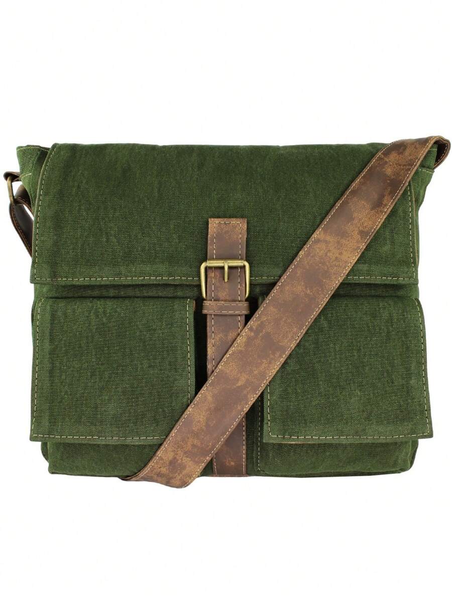 Vintage Style Messenger Bag, Canvas Crossbody Bag, University Style - xanh quân đội - Xem 1