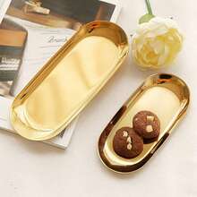 创意金属椭圆形托盘（金色），圣诞金色餐盘，水果盘，甜点盘，小吃盘，沙拉盘，蛋糕盘，适用于餐厅厨房、餐桌、厨房、圣诞节 - 金色 - 查看 3