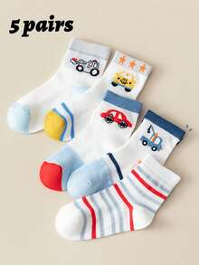 5 Pairs Cartoon Car Print Breathable Thin Socks, Cute Mid-Calf Socks For Baby Boys, Mesh Socks, Spring/Summer - Multicolor - View 8