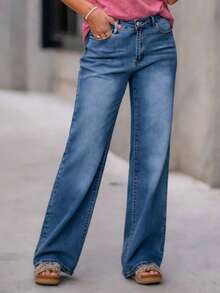 Women's Casual Simple Straight Leg Jeans, Elastic Denim Fabric, 54% Cotton, Suitable For Spring Vacation, Street Fashion, Spring & Summer Outfits, New Year, Valentine's Day Matching - Blue - View 4