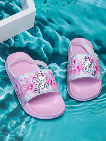 1 par de sandalias/pantuflas de casa con estampado de estrella y unicornio de dibujos animados para bebés y niñas pequeñas