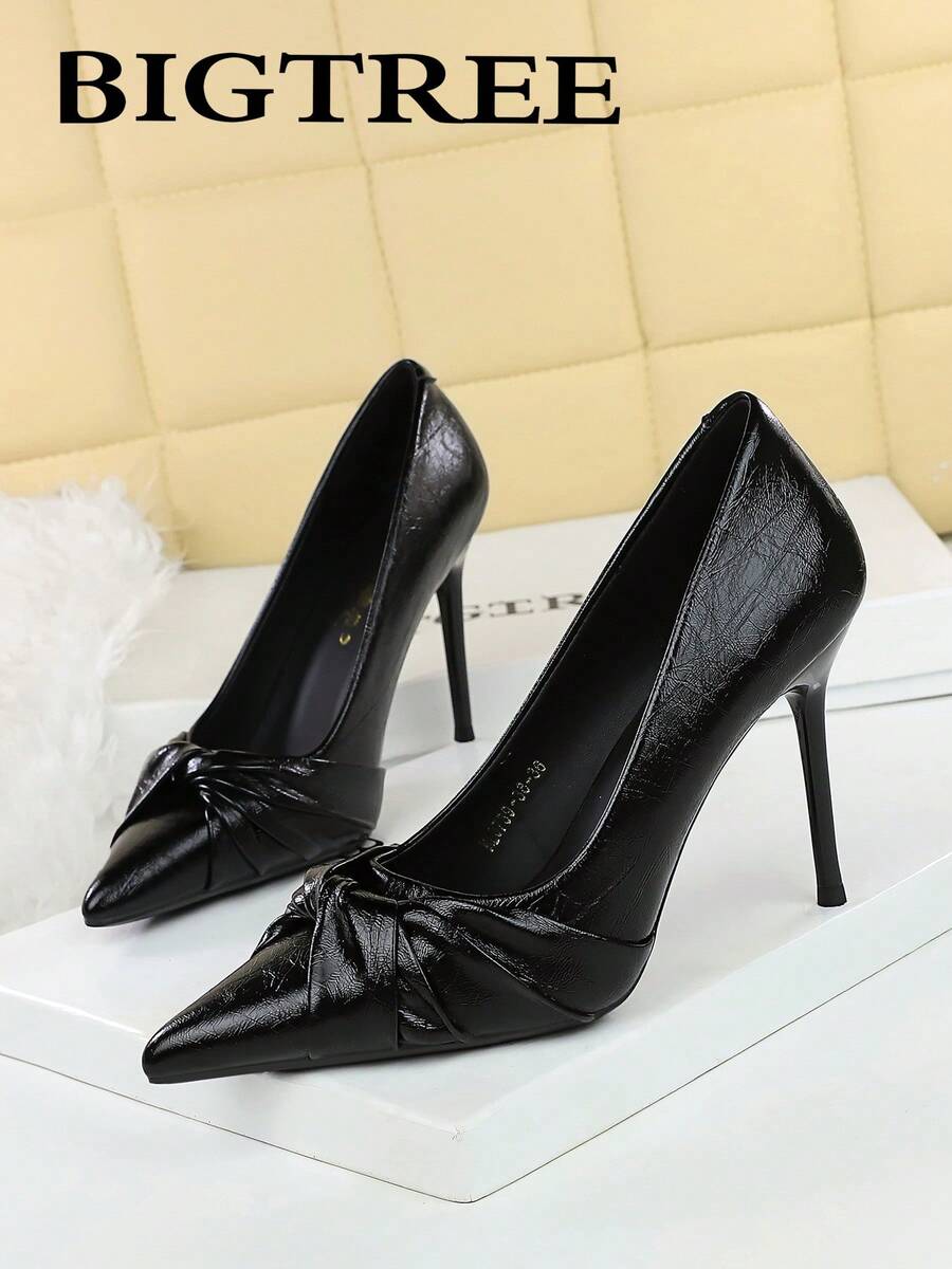Women's Pointed Toe Ruffle Bow Versatile Low Vamp Stiletto Heels, Elegant Lady's Party Shoes