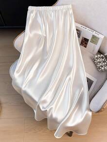 Elegant Satin A-Line Skirt, High Waist Slimming Casual Beach Skirt White Spring - White - View 1