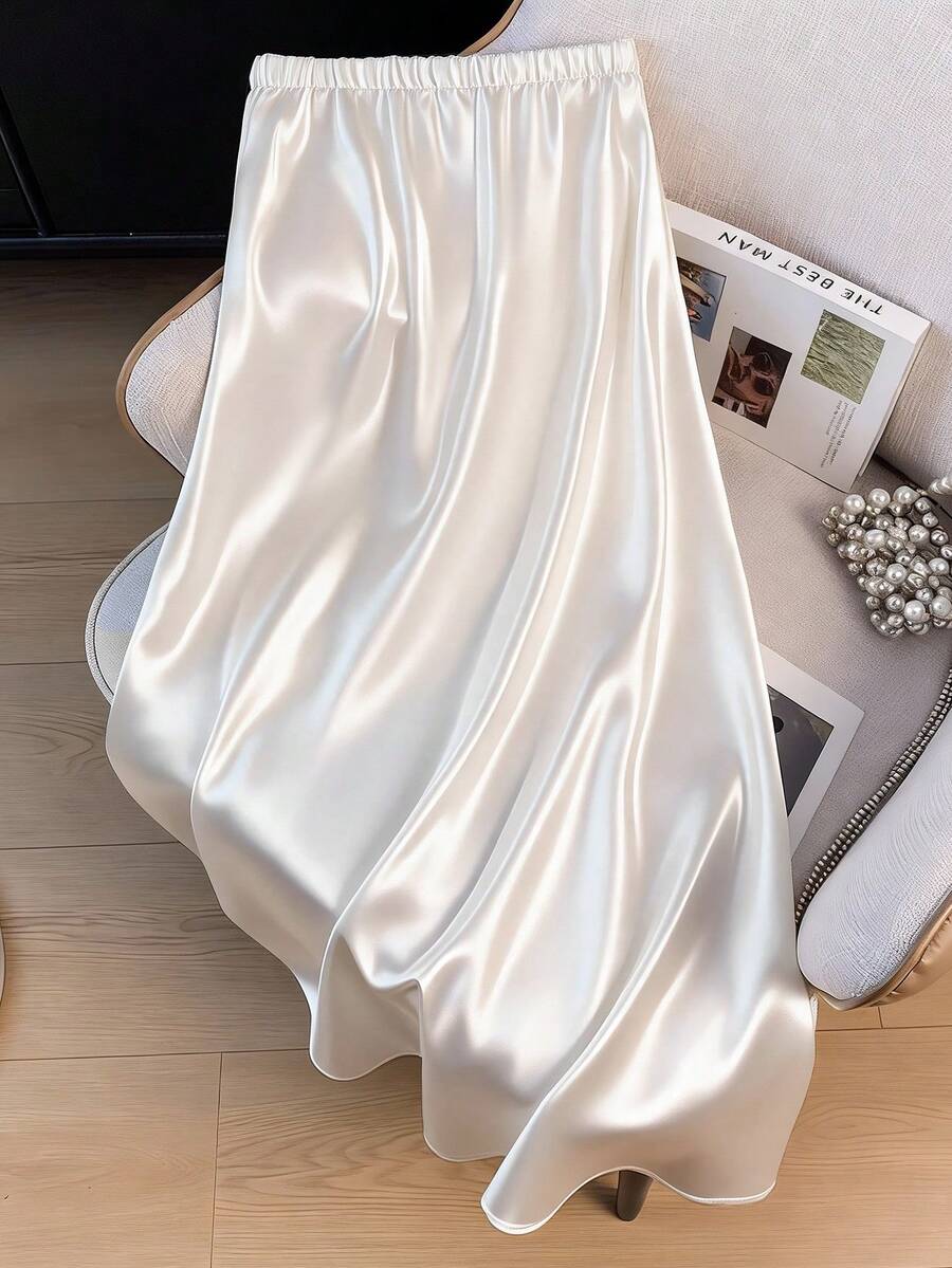 Elegant Satin A-Line Skirt, High Waist Slimming Casual Beach Skirt White Spring - White - View 1