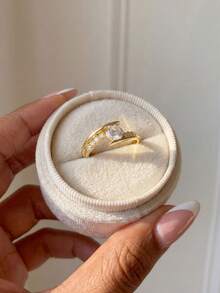 Stylever 1枚S925纯银精致十字圆环戒指，优雅珠宝礼品，适合女孩、婚礼、晚宴、派对、订婚、新娘佩戴。 - 金色 - 查看 4