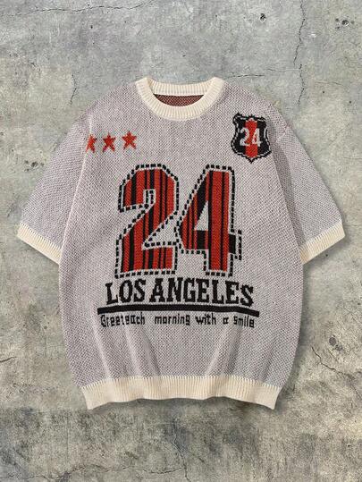 ANDREILEE Spring/Summer New Vintage Style Jersey Numeric Code Graphic Streetwear Minimalist Short Sleeve Knit Top