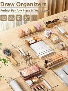 1/11/18/25 Stück Kunststoff Schubladenorganizer Set, 4 Größen, Schminktisch Organizer Box, Schminktisch und Schreibtisch Schubladenorganizer Tablett, Schlafzimmer, Badezimmer, Küchenutensilien und Büroorganizer und Aufbewahrung (transparent), multifunktionales Organizer Set, Raumdekoration - Transparent - Übersicht 7