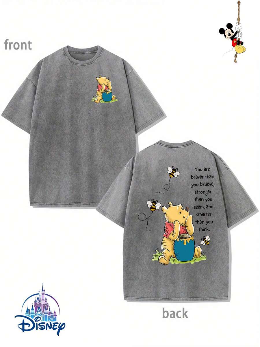 1 New Disney Cotton Washed T-Shirt, Disney Winnie The Pooh Print, Round Neck Leisure And Comfortable Cotton Washed T-Shirt, Suitable For Sports And Daily Wear, A Good Choice For Gifts, A Must For Parties, High-Quality Clothing, Suitable For Gifts. - Xám - Xem 1