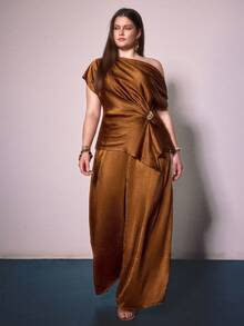 Sollinarry 女士大码优雅时尚裤装套装，不对称垂肩上衣搭配同色系阔腿裤，腰部褶皱设计，宽松裤型，显瘦效果极佳。易打理面料，适合外出、下午茶、度假、音乐节、夏季派对等场合。 - 鏽棕色 - 查看 2