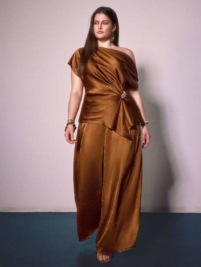 Sollinarry Women's Plus Size Elegant Fashion Pant Set, Asymmetric Draped Shoulder Top Paired With Matching Wide Leg Pants, Ruched Waist And Relaxed Fit Trousers For Slimming Effect, Easy Care Fabric Suitable For Outings, Afternoon Tea, Vacation, Music Festivals, Parties