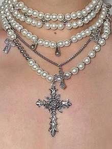 Layered Pearl Necklace Gothic Cross Pearl Stacked Necklace For Women - White - View 5