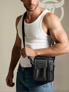 Leather Shoulder Bag/Crossbody Travel Bag For Men And Women, Small Messenger Bag, Cell Phone Pocket, Shoulder Holster, Passport Holder - 黑色 - 查看 7