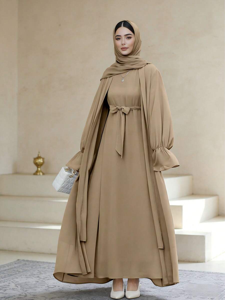 2pcs/Set Chiffon Abaya With Tie Waist Belt And Ruffle/Frill Trim - Khaki - View 1