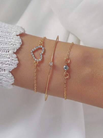 3套简约优雅奢华镂空心形水钻镶嵌素面戒指和手链套装，适合女性日常佩戴（避免接触水）