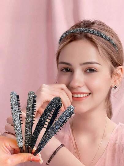 4pcs Women's Multicolor Rhinestone Headbands, Rhinestone Multifunctional Non-Slip Headbands, Suitable For Daily Use, Headbands, Headbands, Hair Accessories