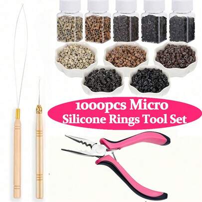 1000 PCS Micro Silicone Rings Bead Device Tool Kits Hair Extension Remove Pliers Pulling Hook For Professional Hair Styling Tools Accessory
