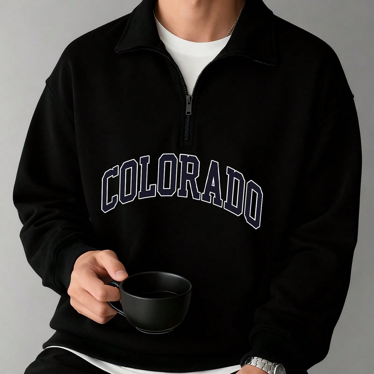 Sudadera con cremallera y cuello estampado de letras, de moda casual y versátil para hombre, otoño/invierno