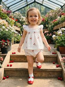 Conjunto de 2 Piezas para Niña Pequeña, Top con Cuello Cuadrado, Mangas Volantes y Estampado de Cerezas + Shorts - Blanco - Ver 3