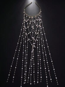 1pc New Stylish Rhinestone Decorated Grid Tassel Headband, Elegant Hairband Accessory For Women, Headpiece, Head Jewelry - Gold - View 6