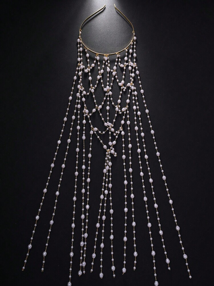 1件新款时尚水钻装饰网格流苏发箍，优雅女士发带配饰，头饰，头部饰品 - 金色 - 查看 6