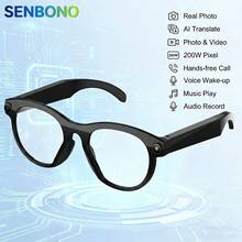 SENBONO Smart Glasses With 2MP Camera, HD Video, Replaceable Clear Lenses, Camera Glasses, Wireless Earphones, Smart Translator, Cross-Language Communication Voice Assistant, Built-In Camera, Low Latency, Music, Call, Conference, Office, Business, Travel, Wireless Glasses Earphones - Black - View 1