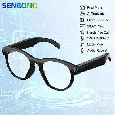 SENBONO Smart Glasses With 2MP Camera, HD Video, Replaceable Clear Lenses, Camera Glasses, Wireless Earphones, Smart Translator, Cross-Language Communication Voice Assistant, Built-In Camera, Low Latency, Music, Call, Conference, Office, Business, Travel, Wireless Glasses Earphones