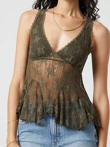 Women Y2k Babydoll Tank Tops Lace Patchwork Deep V Neck Sheer Peplum Camisole Top Summer Aesthetic Ruffle Flowy Vest Tops Beach Party Going Out Shirts - 墨綠色 - 查看 2