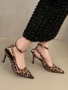 Women's Fashion Sexy Pointed Toe Leopard Print Stiletto Heels, Low Vamp Versatile Strap Sandals, Spring/Summer 2026 New Arrival - Brown - View 5