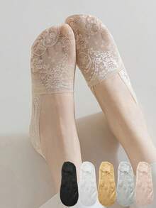 1/5/10 Pairs Women Lace Floral Boat Socks, Breathable Invisible Low Cut Casual Socks, Spring/Summer - Multicolor - View 3