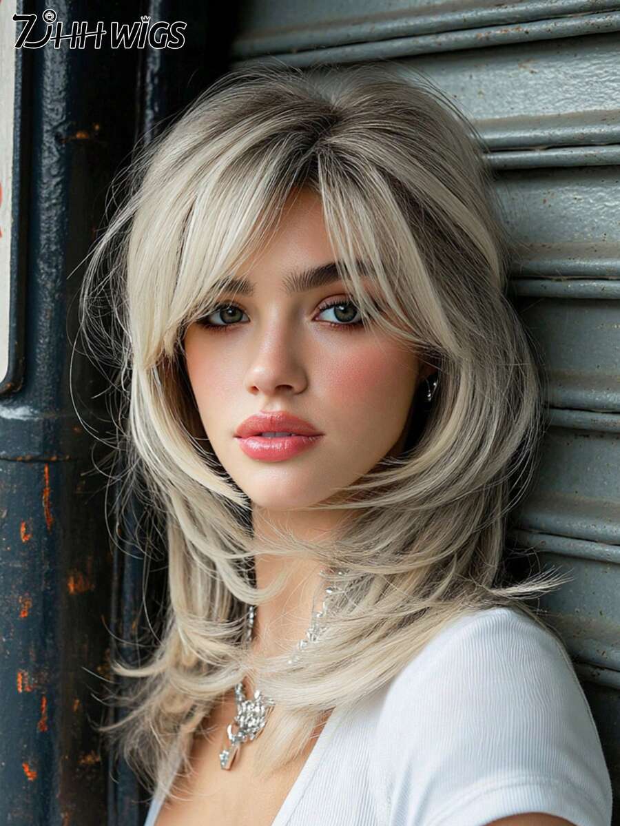 7JHH WIGS 短款米灰色蓬松层次感80年代鲻鱼头精灵假发，带刘海，狼式卷发，合成材质，自然趣味，成人假发，适合日常、派对、角色扮演、万圣节等场合，16英寸 - 淺灰色 - 查看 1