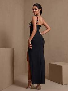 Elegant Sexy Rhinestone Embellished Slit Evening Dress For Party, Date, Formal Dinner Wedding Black Fall - Black - View 2