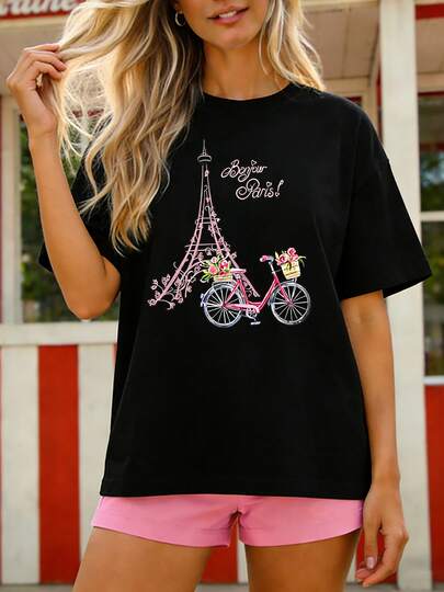 Oversized "Bonjour Paris" Graphic Pajama T-Shirt For Women - Charming Pink Eiffel Tower & Floral Bicycle Print Cozy Loungewear Top | Soft Casual Sleepwear Tee With Romantic French Typography, Perfect For Francophiles, Travel Enthusiasts & Cozy Nights In, Ideal Gift For Paris Lovers, Fans Of French Aesthetic & Those Who Dream Of European Getaways