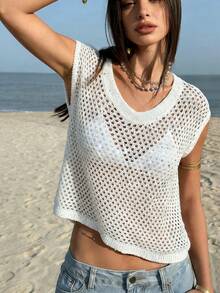 MORI 2026春夏新款女士白色圆领无袖亮片针织罩衫 - 白色 - 查看 3