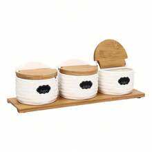 SENDERPICK Kitchen Spice Jar Ceramic Spice Jars With Bamboo Lids And Sugar Spoons Spice Container - White and Brown - View 6