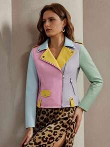 Risissida 女士撞色 PU 皮革机车夹克 – 多功能通勤休闲外套，带拉链口袋，适合所有季节 - 彩色 - 查看 2