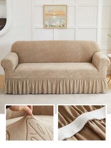 1pc Jacquard Leaf Pattern Ruffled Elastic Sofa Cover, Dust-Proof And Dirt-Resistant, Stretch-To-Fit Full Coverage Sofa Protector, Home Decor, Machine Washable, Pillow Cover Not Included - Khaki - View 6
