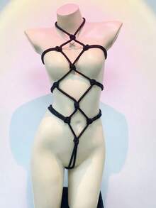 Conjunto de lencería sexy con entrepierna abierta, ataduras y cuerdas, lencería transparente y seductora - San Valentín - Negro - Ver 2