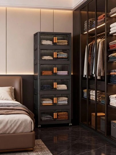 1pc 40/50/60cm Width Foldable Storage Cabinet, 1-5 Tier Double Door Storage Organizer, Thickened Plastic Wheeled Storage Cabinet, Living Room Toy & Snack Multi-Layer Cabinet, Clothes Storage Cabinet, Home Dust-Proof Shelving Unit