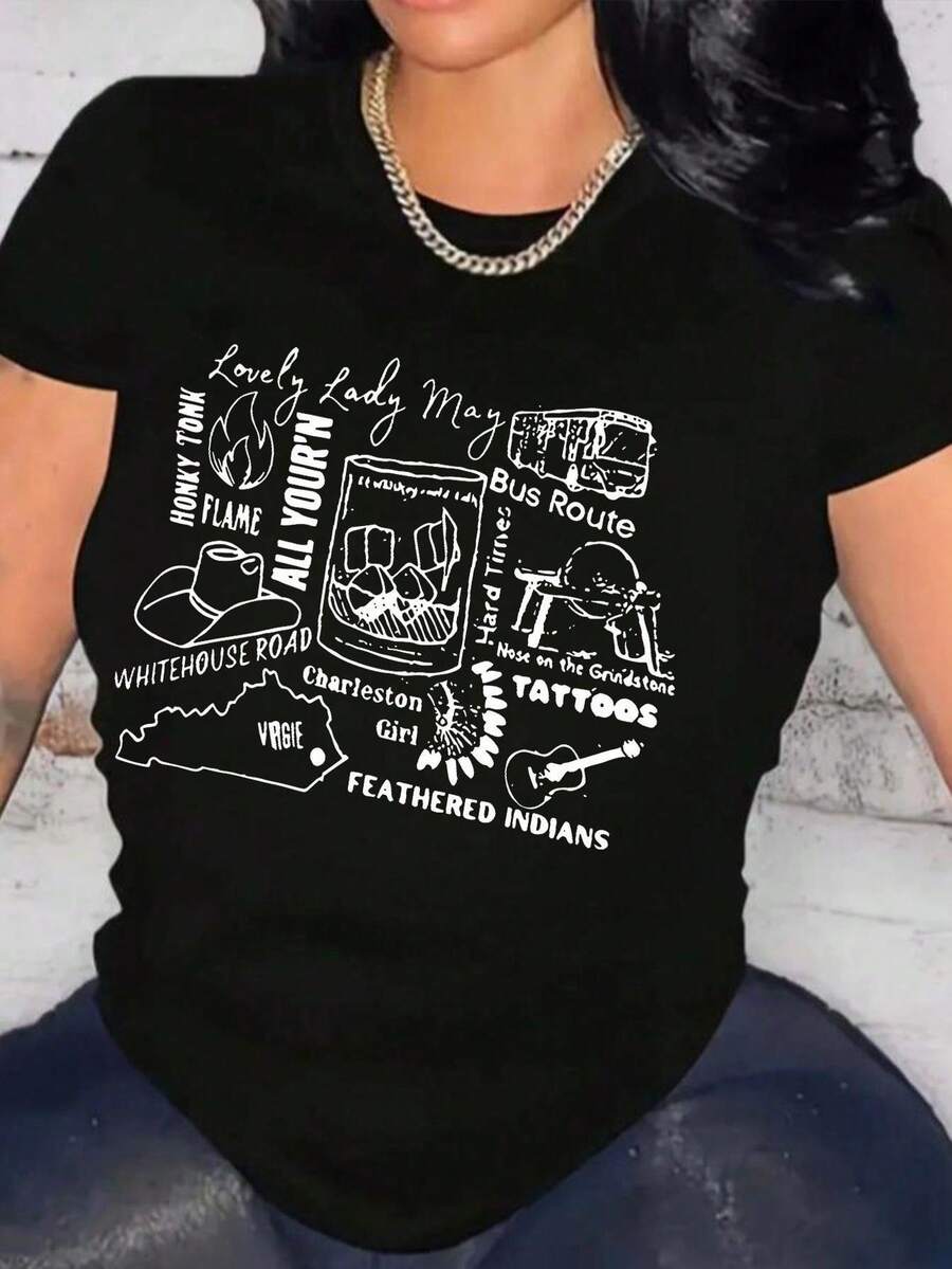 Camiseta de manga corta con cuello redondo para mujeres. Estilo casual, con diseño moderno y estampado, cómoda y transpirable. Ideal para hombres y mujeres, perfecta para parejas. Camiseta con estampado elegante de manga corta, también disponible en talla media-corta, cómoda y respirable. - Negro - Ver 1