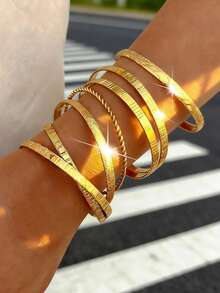 8 peças/7 peças/1 peça Conjunto de Pulseiras Vintage Elegantes de Girassol Esculpidas com Textura de Metal Martelado, Ajustáveis, Uso Simples e Multicamadas, Adequado para Mulheres, Festa de Praia de Verão, Festival de Música, Presente de Encontro, Joias para Uso Diário - Ouro amarelo - Visão 10