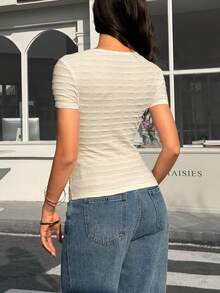 Camiseta casual de mujer Dila Polly de unicolor, cuello redondo minimalista con textura, manga corta, versátil, tops de verano de moda casual para mujeres - Albaricoque - Ver 6