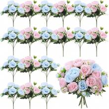 16 Bundles Artificial Peonies Flowers Fake Silk Peony Bouquet Faux Peonies Flowers Bulk For Decoration Vase Floral Arrangements Wedding Party Table (Light Pink,Light Blue) - LightPink - 查看 1