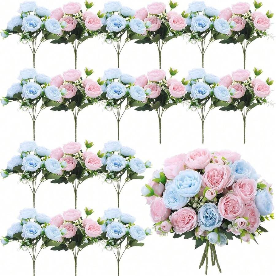 16 Bundles Artificial Peonies Flowers Fake Silk Peony Bouquet Faux Peonies Flowers Bulk For Decoration Vase Floral Arrangements Wedding Party Table (Light Pink,Light Blue) - LightPink - 查看 1