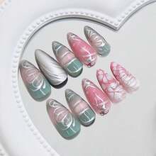 24Pcs Almond Press On Nails Medium Length Silver Butterfly Fake Nails With 3D Designs Star Full Cover Stick On Nails Pink Blue Gradient False Nail Reusable French Acrylic Nail For Women Nail Supply - ColorA - 查看 3