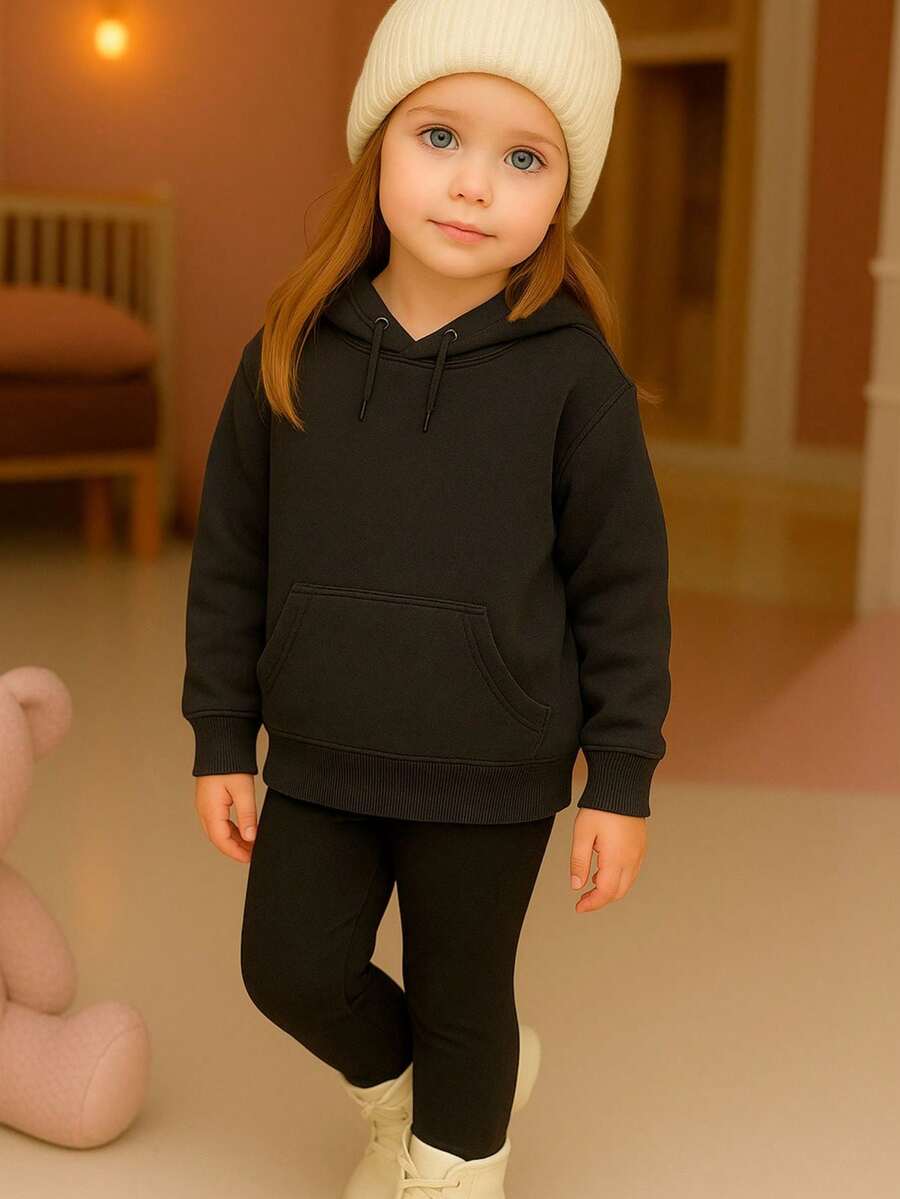 Children's Plain Fleece Sweatshirt, Basic Cold Weather Jacket With Hood, Flannel Lined, Premium Kangaroo Hoodie, Various Colors, Winter, Sizes 2 To 16 - màu đen - Xem 1