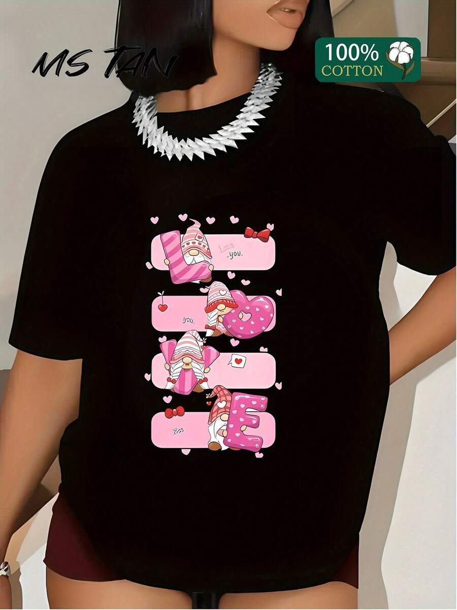 Camiseta de Algodón para Mujer con Diseño de Cupcakes y Corazones Estilo Love - Ropa Casual de Moda en México - Negro - Ver 1