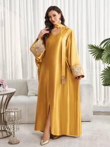 女士V领提花休闲宽松连衣裙配围巾，奢华女士阿巴雅长袍，奢华卡夫坦长袍和贾拉比亚长袍，婚礼派对礼服，夏季度假装，适合春季派对和郊游 - 金色 - 查看 7