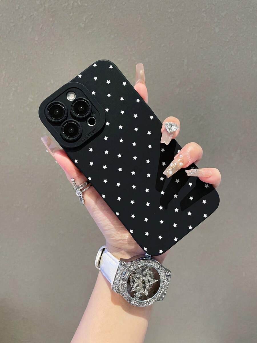 1pc Creative Full-Screen White Star Pattern Painted Pupil Black Matte Texture TPU Material Pupil Shockproof Phone Case, Suitable As Gift For Boyfriend/Girlfriend, Compatible With Apple, Compatible With OPPO, Compatible With Vivo And Other Android Models - Multicolor - View 1