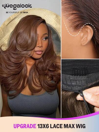 MEGALOOK Fashion Brown Long Curly Human Lace Wig